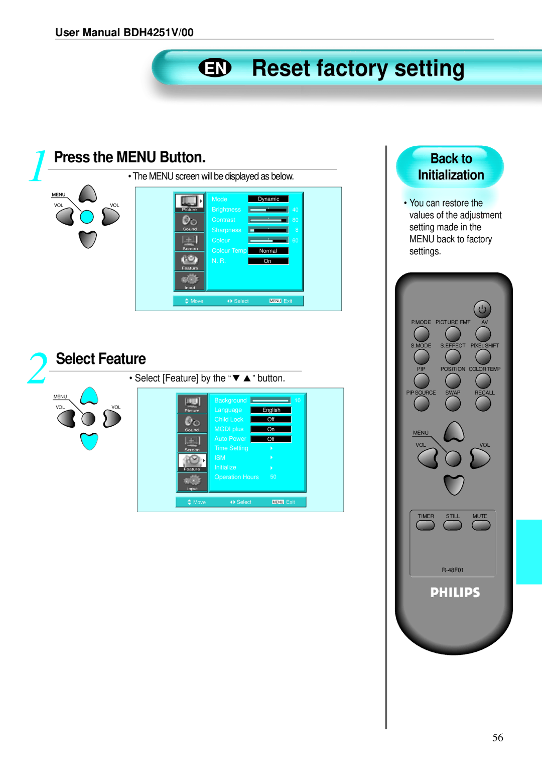 Philips BDH4251V/00 user manual Back to Initialization, Select Feature by 