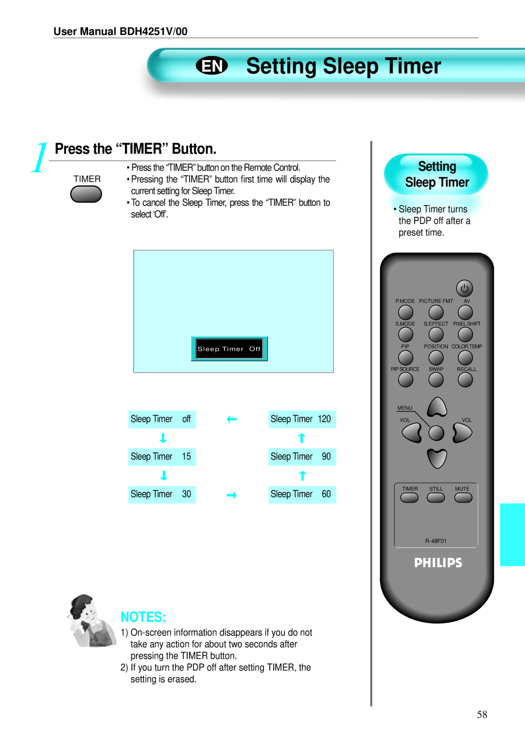 Philips BDH4251V/00 user manual Press the Timer Button, Setting Sleep Timer, Off, 120 