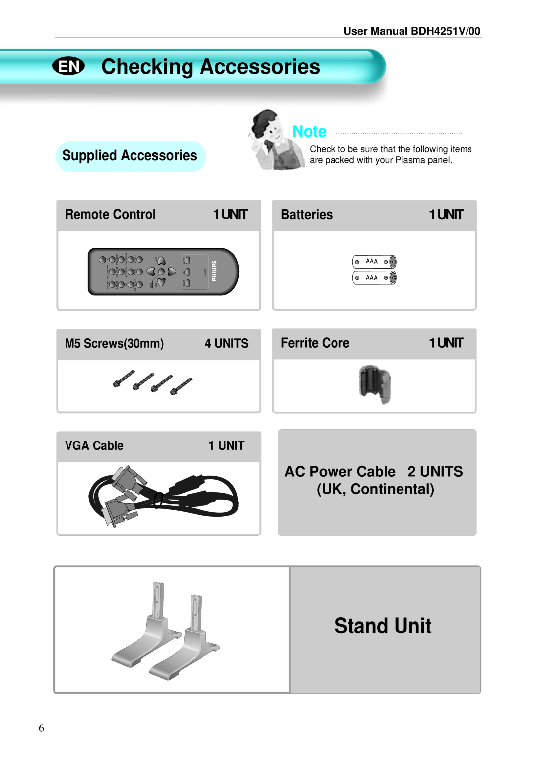 Philips BDH4251V/00 user manual EN Checking Accessories, Stand Unit, Remote Control, Batteries, Ferrite Core 