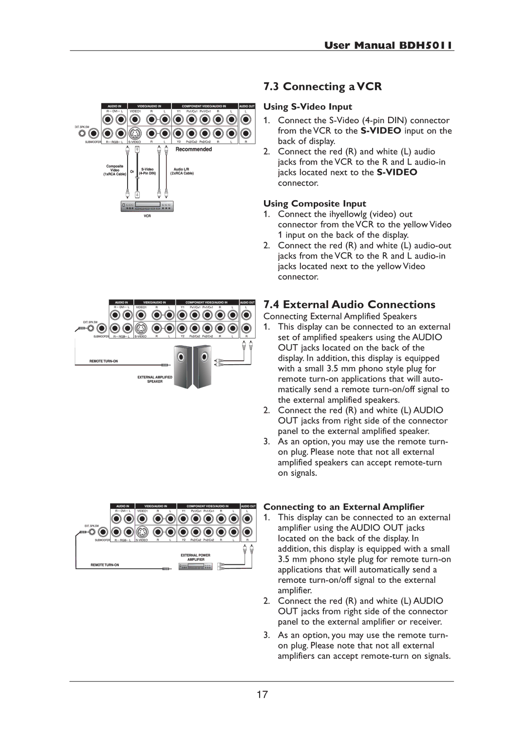 Philips BDH5011 Connecting a VCR, External Audio Connections, Using Composite Input, Connecting to an External Amplifier 