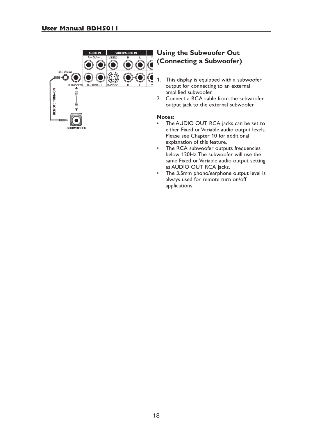 Philips BDH5011 user manual Using the Subwoofer Out Connecting a Subwoofer 