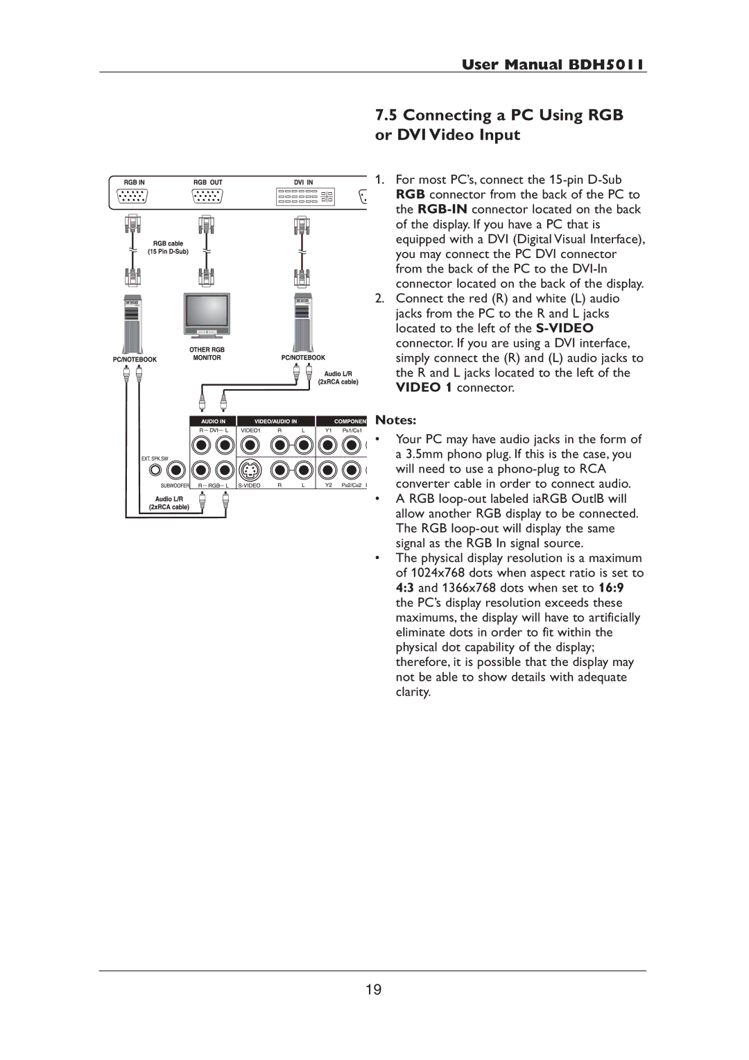 Philips BDH5011 user manual Connecting a PC Using RGB or DVI Video Input 