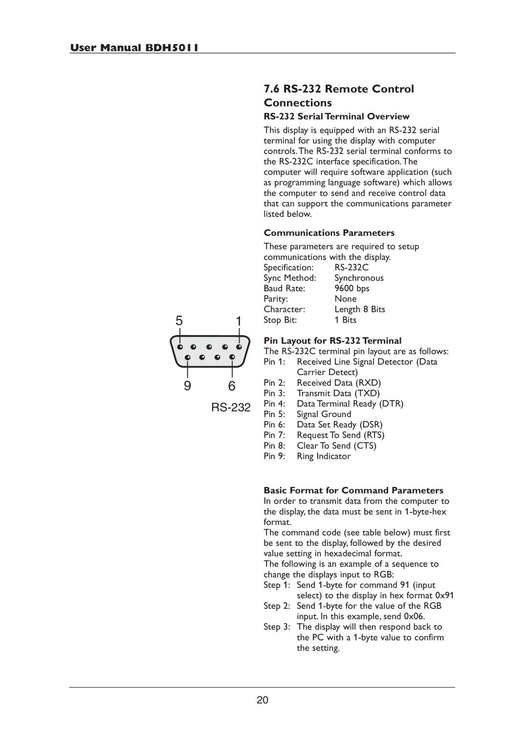 Philips BDH5011 user manual RS-232 Remote Control Connections, RS-232 Serial Terminal Overview, Communications Parameters 