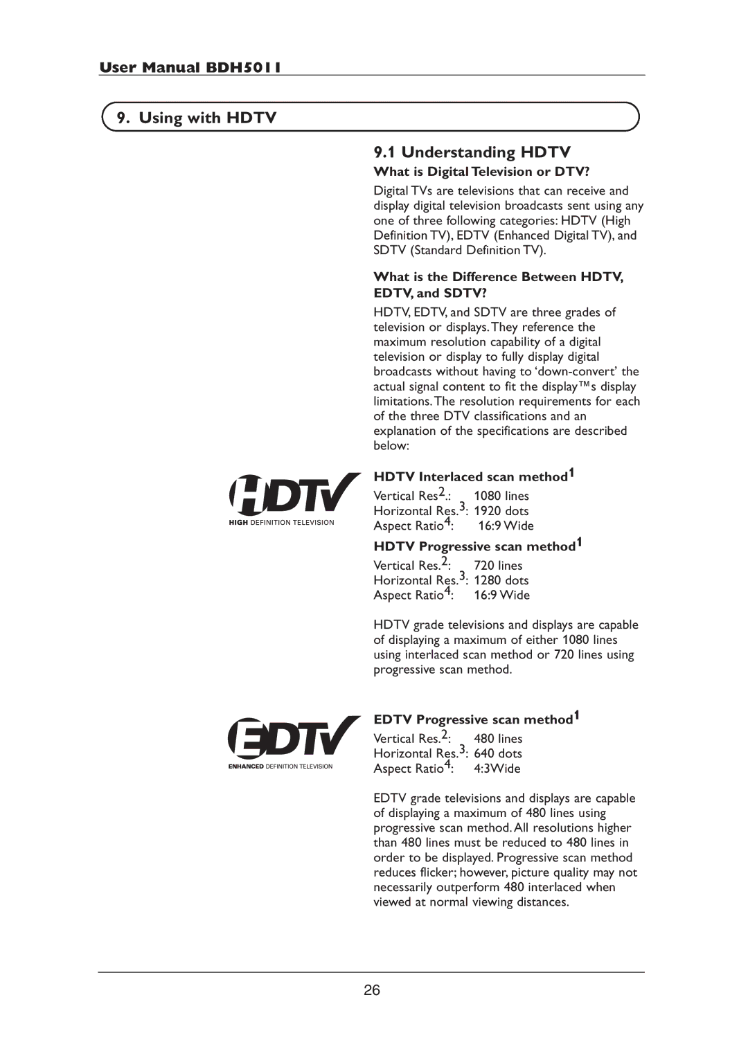 Philips BDH5011 user manual Using with Hdtv Understanding Hdtv 