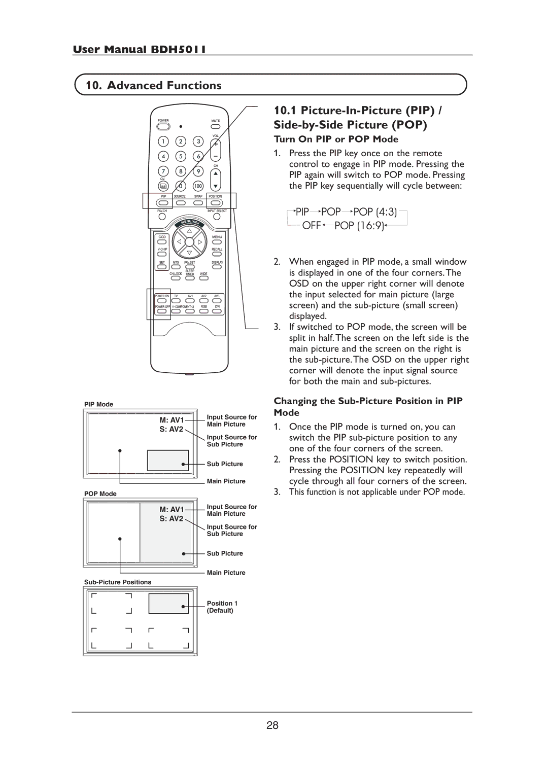 Philips BDH5011 user manual Advanced Functions, Picture-In-Picture PIP / Side-by-Side Picture POP, Turn On PIP or POP Mode 