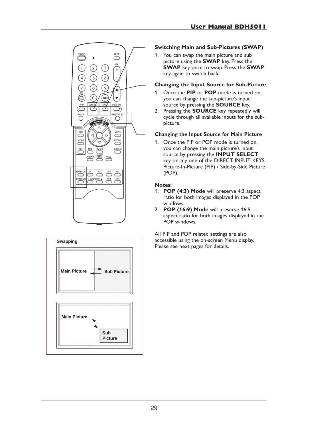 Philips BDH5011 user manual Switching Main and Sub-Pictures Swap, Changing the Input Source for Sub-Picture 