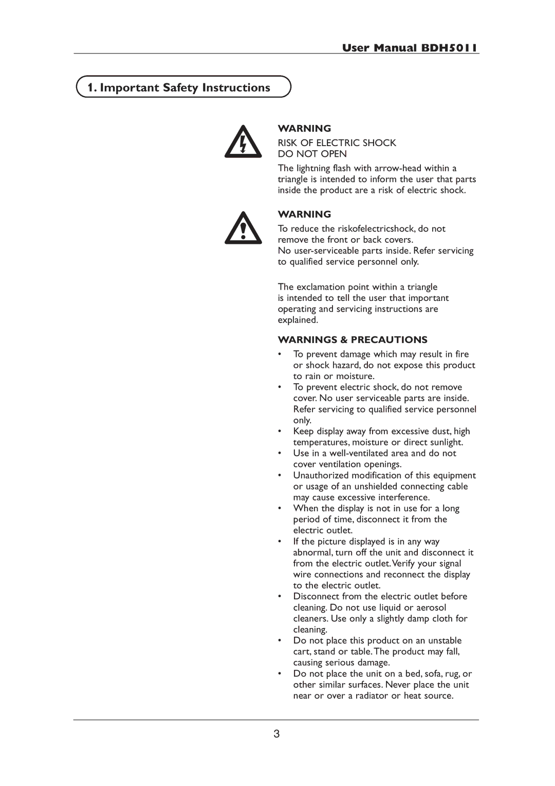 Philips BDH5011 user manual Important Safety Instructions, Risk of Electric Shock Do not Open 