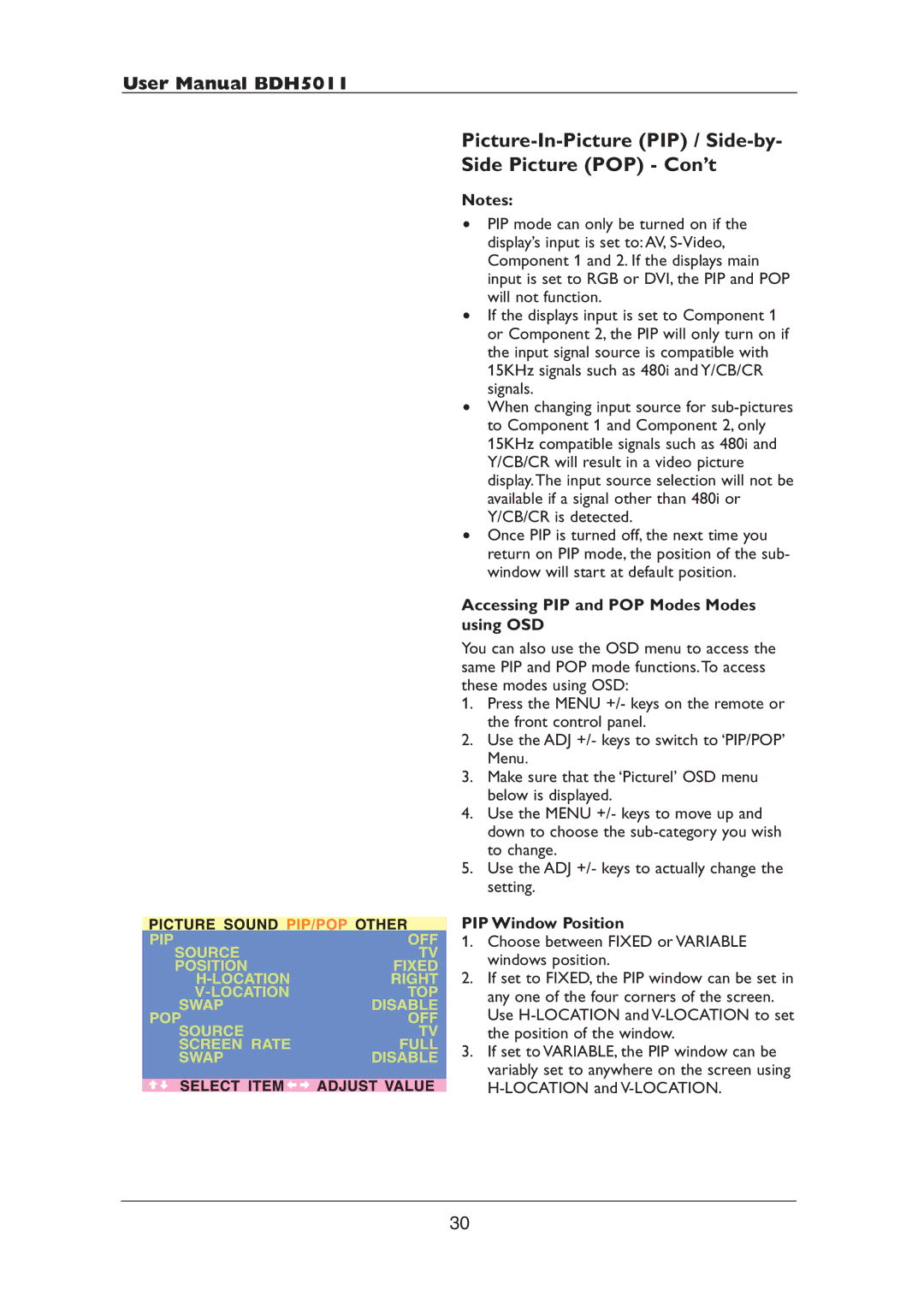 Philips BDH5011 Picture-In-Picture PIP / Side-by- Side Picture POP Con’t, Accessing PIP and POP Modes Modes using OSD 