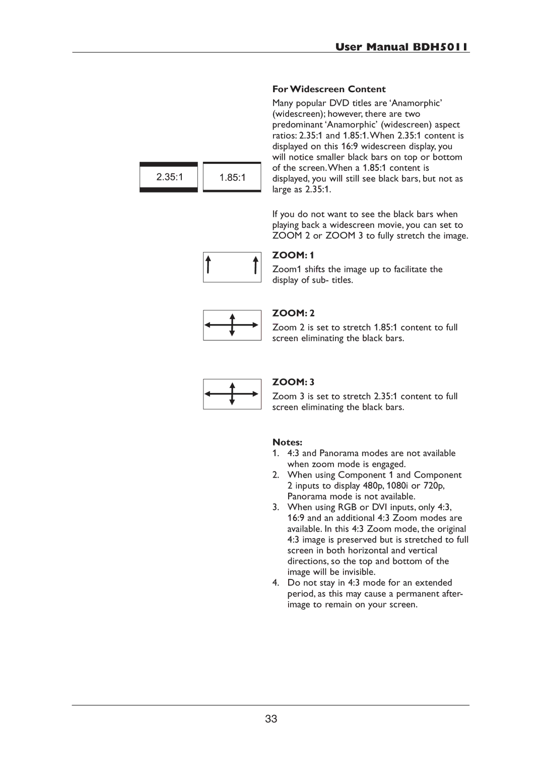 Philips BDH5011 user manual For Widescreen Content, Zoom 