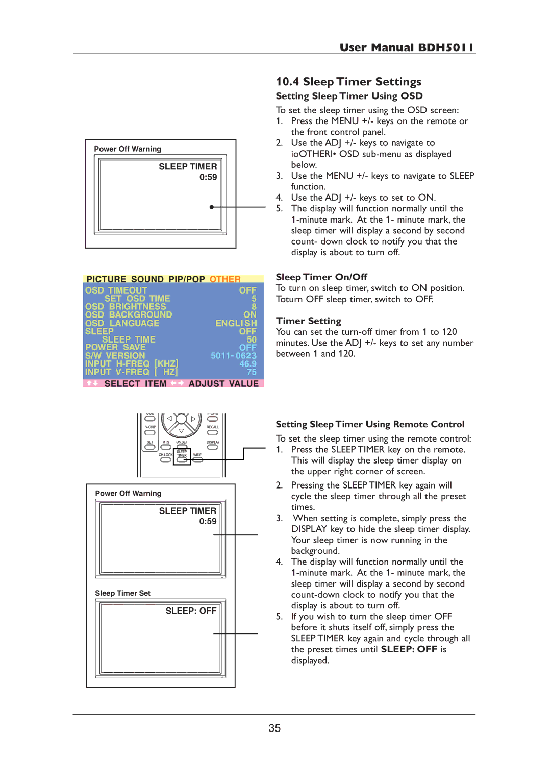 Philips BDH5011 user manual Sleep Timer Settings, Setting Sleep Timer Using OSD, Sleep Timer On/Off 