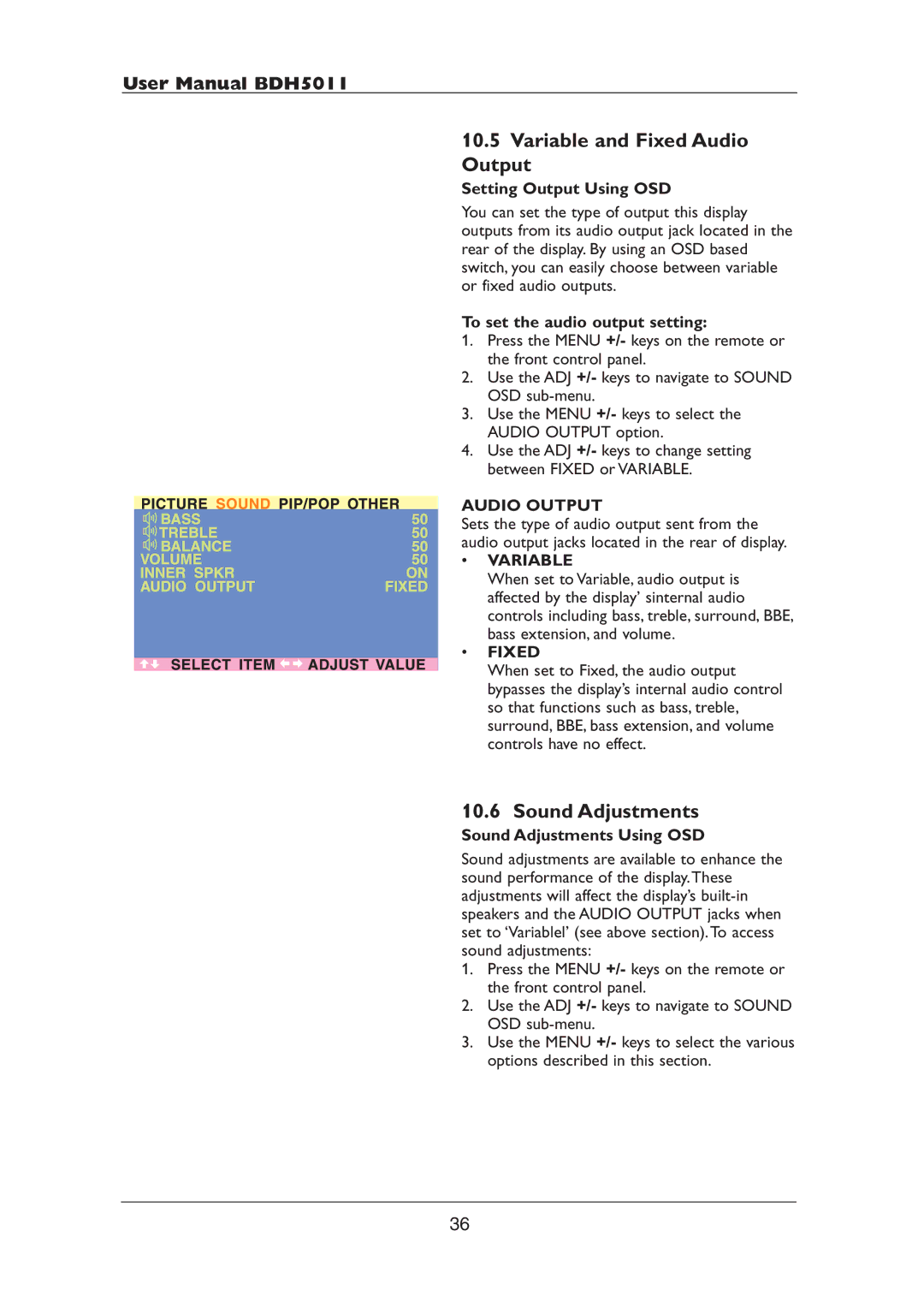 Philips BDH5011 user manual Variable and Fixed Audio Output, Sound Adjustments 