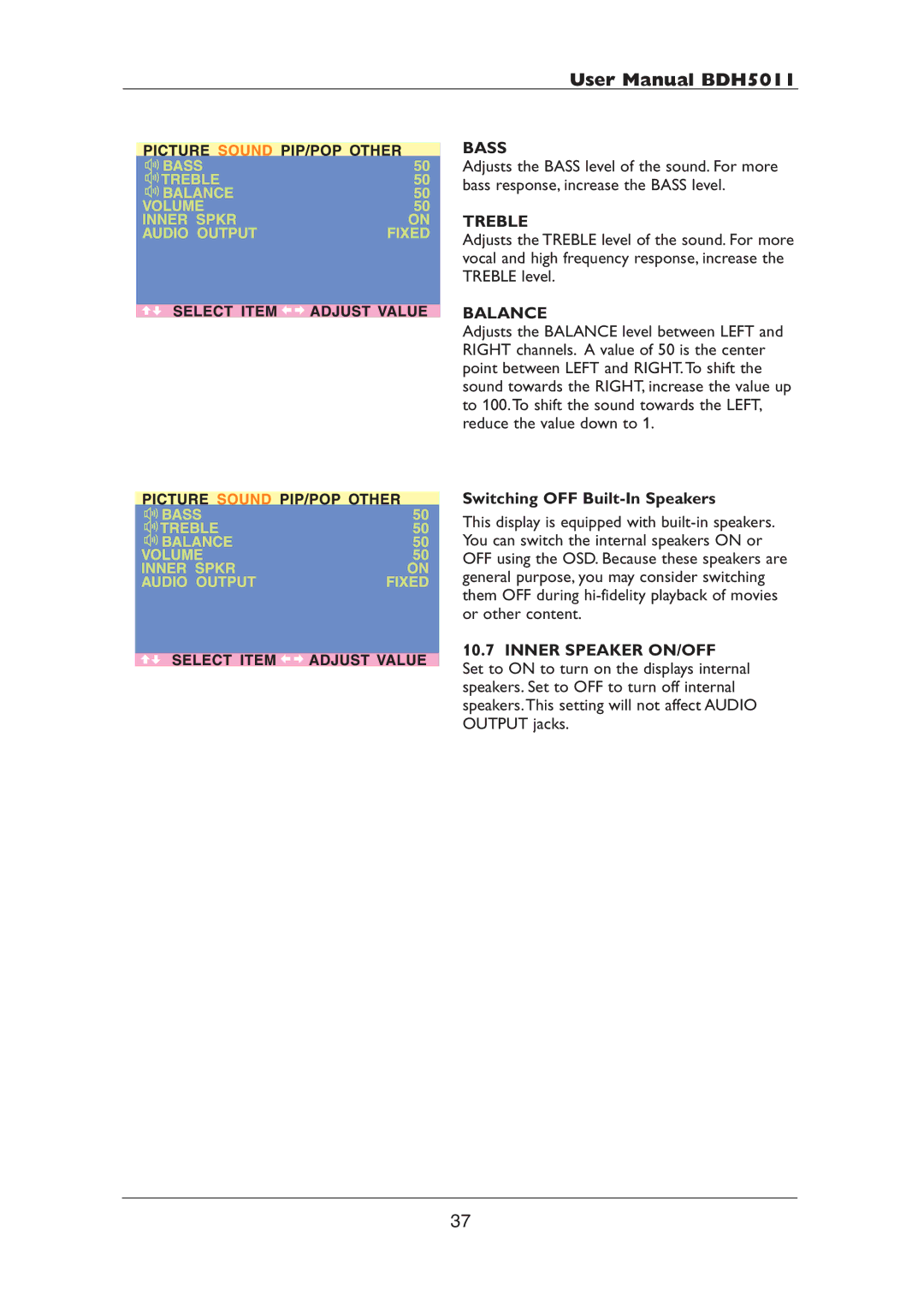 Philips BDH5011 user manual Bass, Treble, Balance, Switching OFF Built-In Speakers, Inner Speaker ON/OFF 