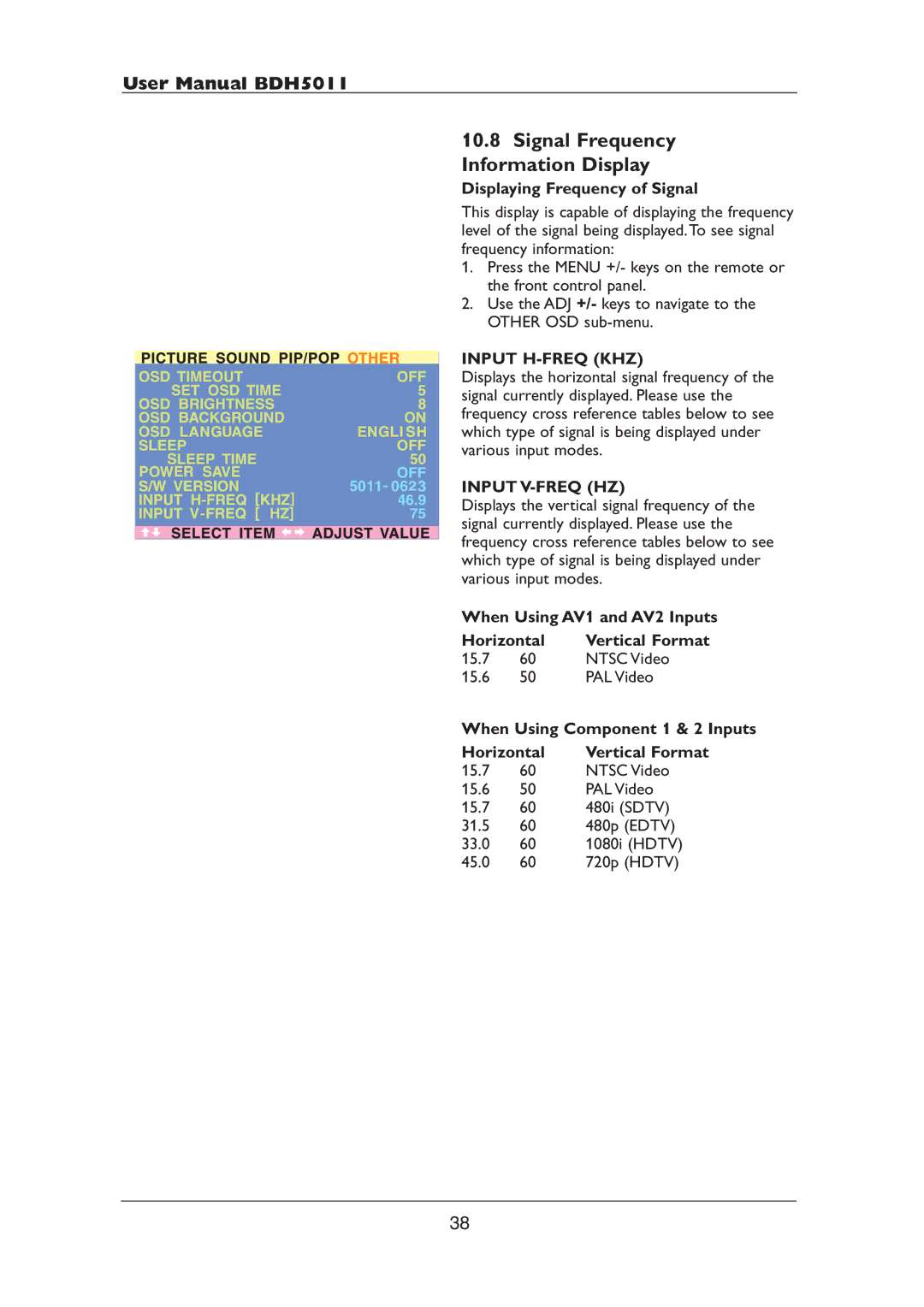 Philips BDH5011 user manual Signal Frequency Information Display, Input H-FREQ KHZ, Input V-FREQ HZ 