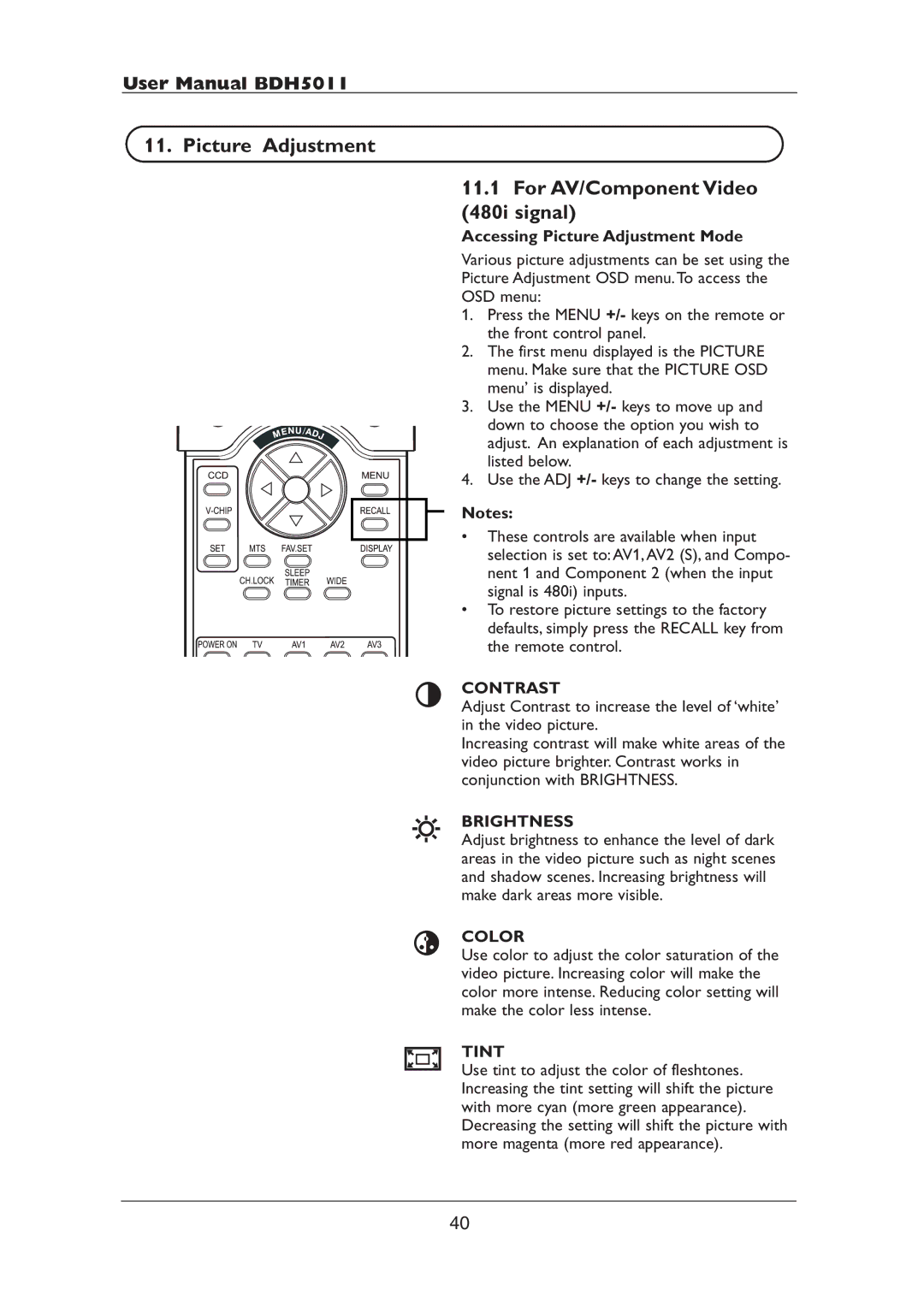 Philips BDH5011 user manual Picture Adjustment For AV/Component Video 480i signal, Contrast, Brightness, Color, Tint 