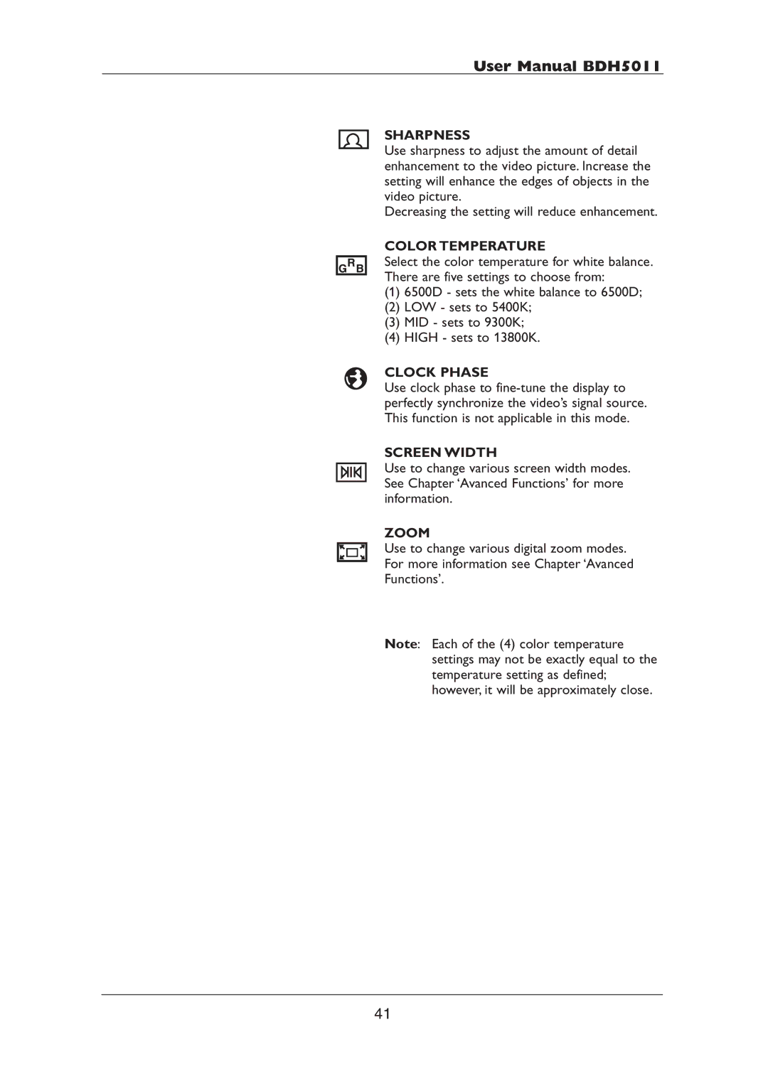 Philips BDH5011 user manual Sharpness, Color Temperature, Clock Phase, Screen Width 