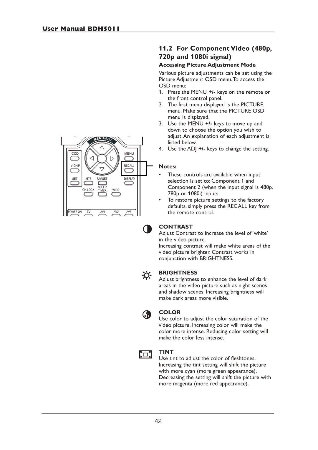 Philips BDH5011 user manual For Component Video 480p 720p and 1080i signal 