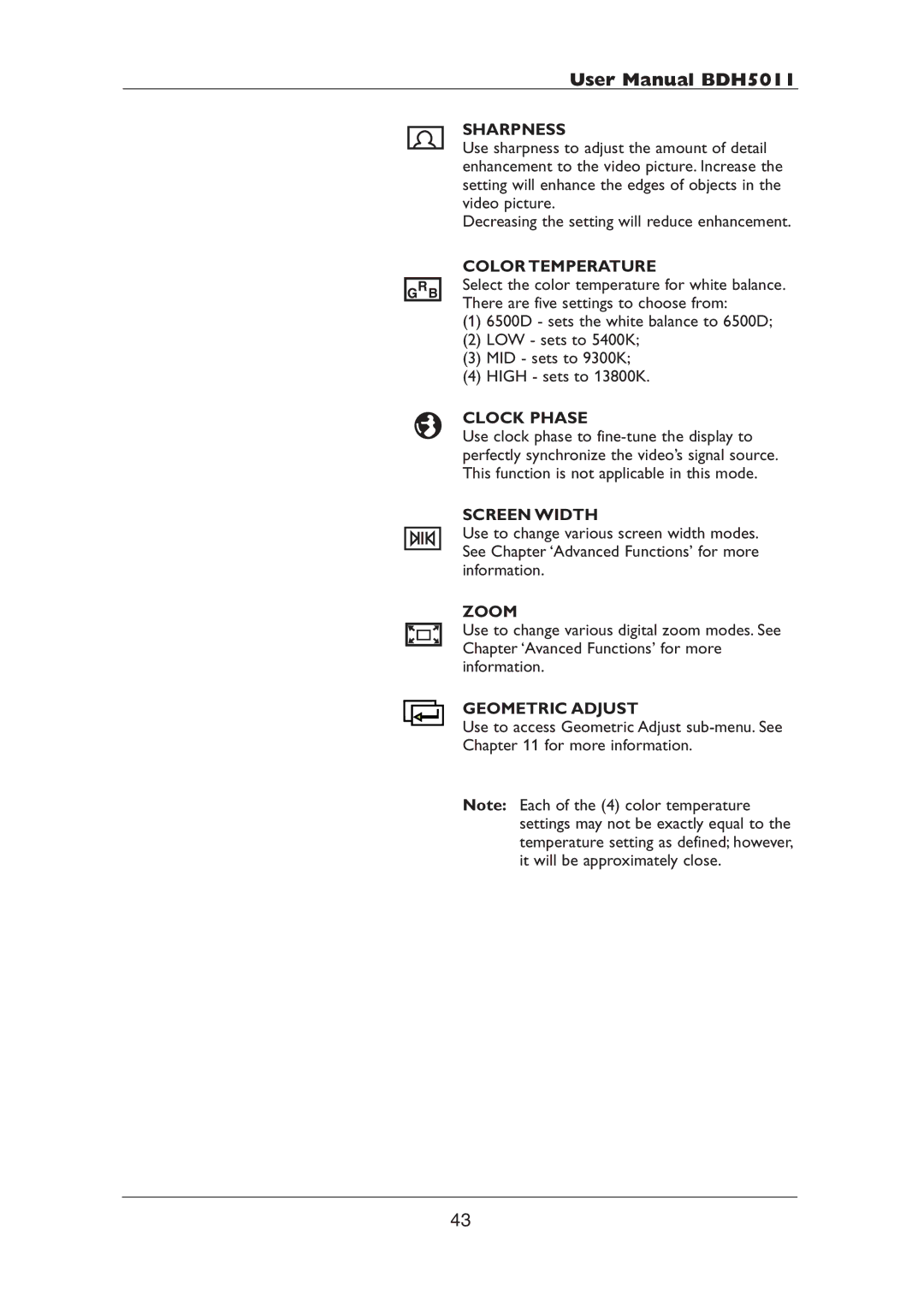 Philips BDH5011 user manual Geometric Adjust 