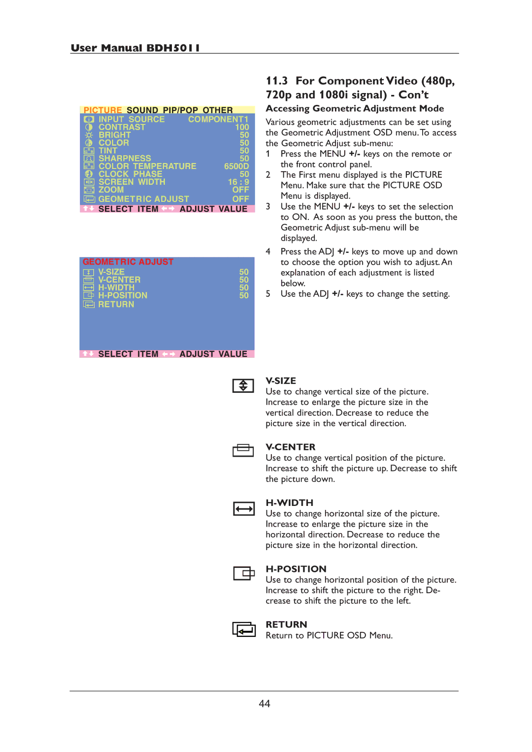 Philips BDH5011 user manual For Component Video 480p 720p and 1080i signal Con’t 