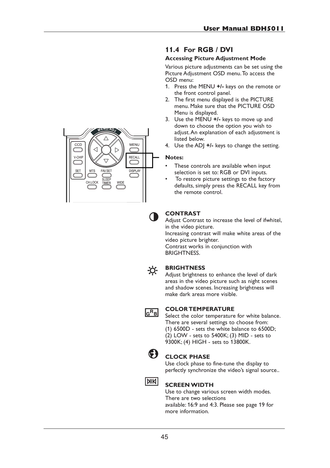 Philips BDH5011 user manual For RGB / DVI, Accessing Picture Adjustment Mode 