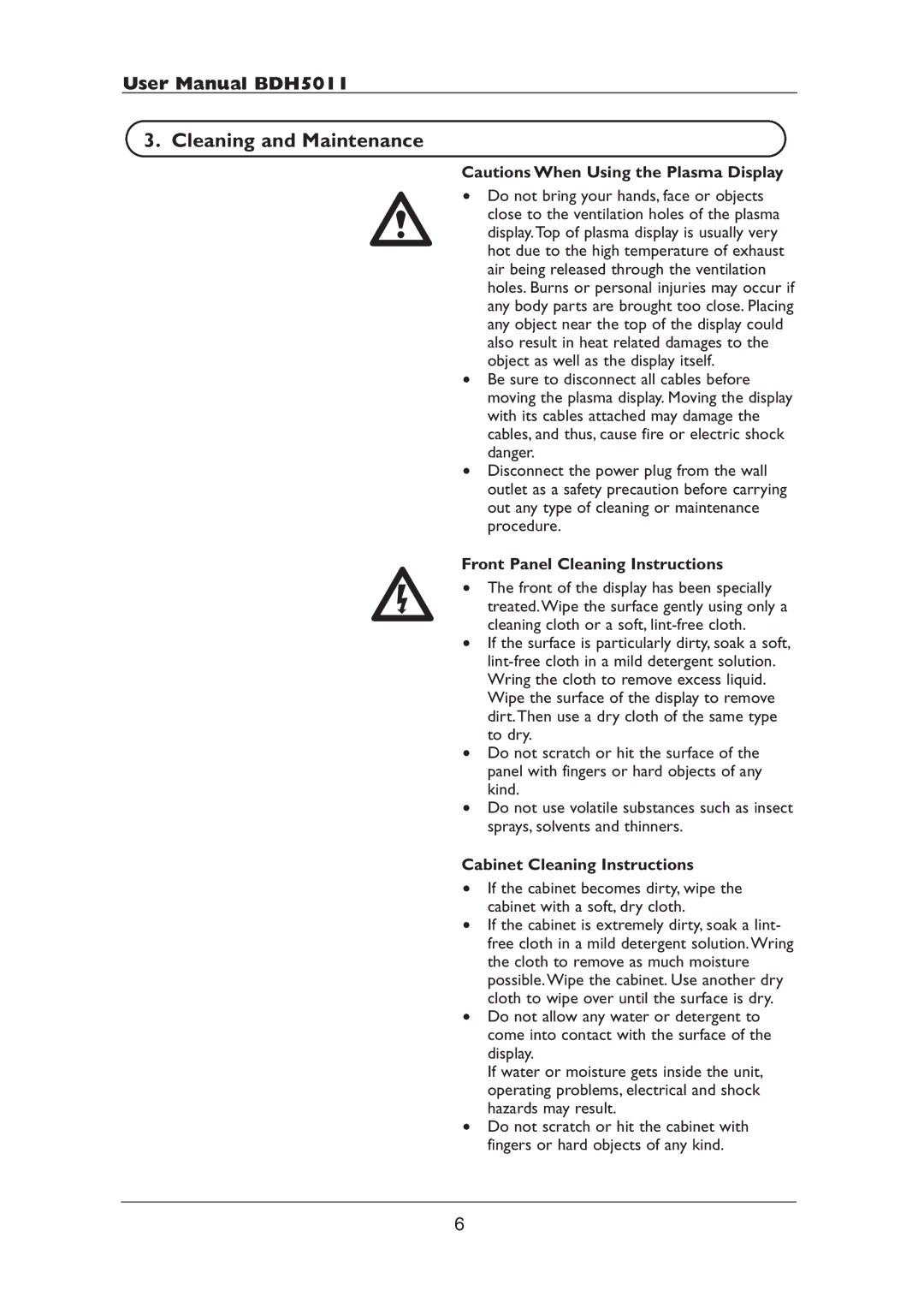 Philips BDH5011 user manual Cleaning and Maintenance, Front Panel Cleaning Instructions, Cabinet Cleaning Instructions 