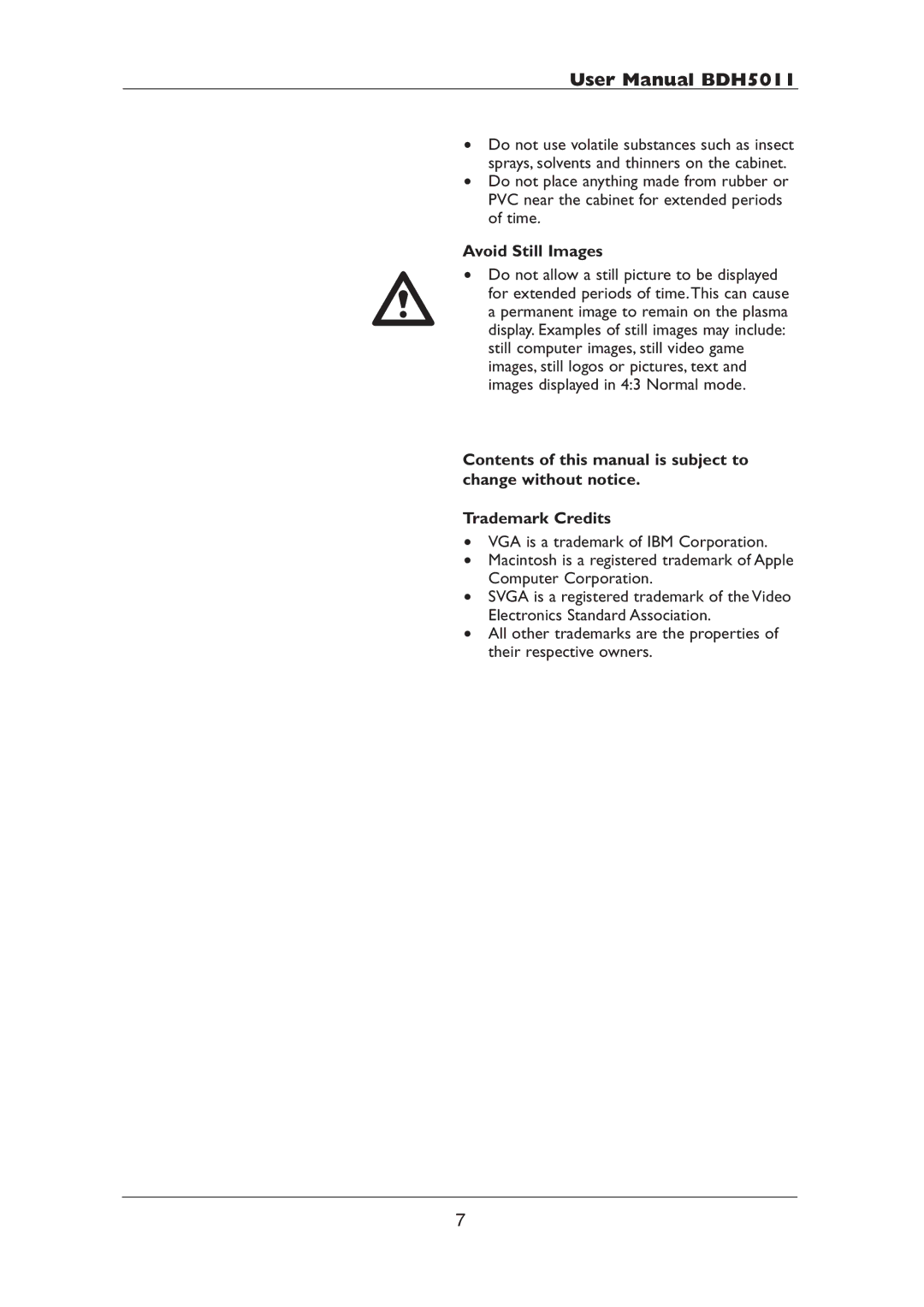 Philips BDH5011 user manual Avoid Still Images 