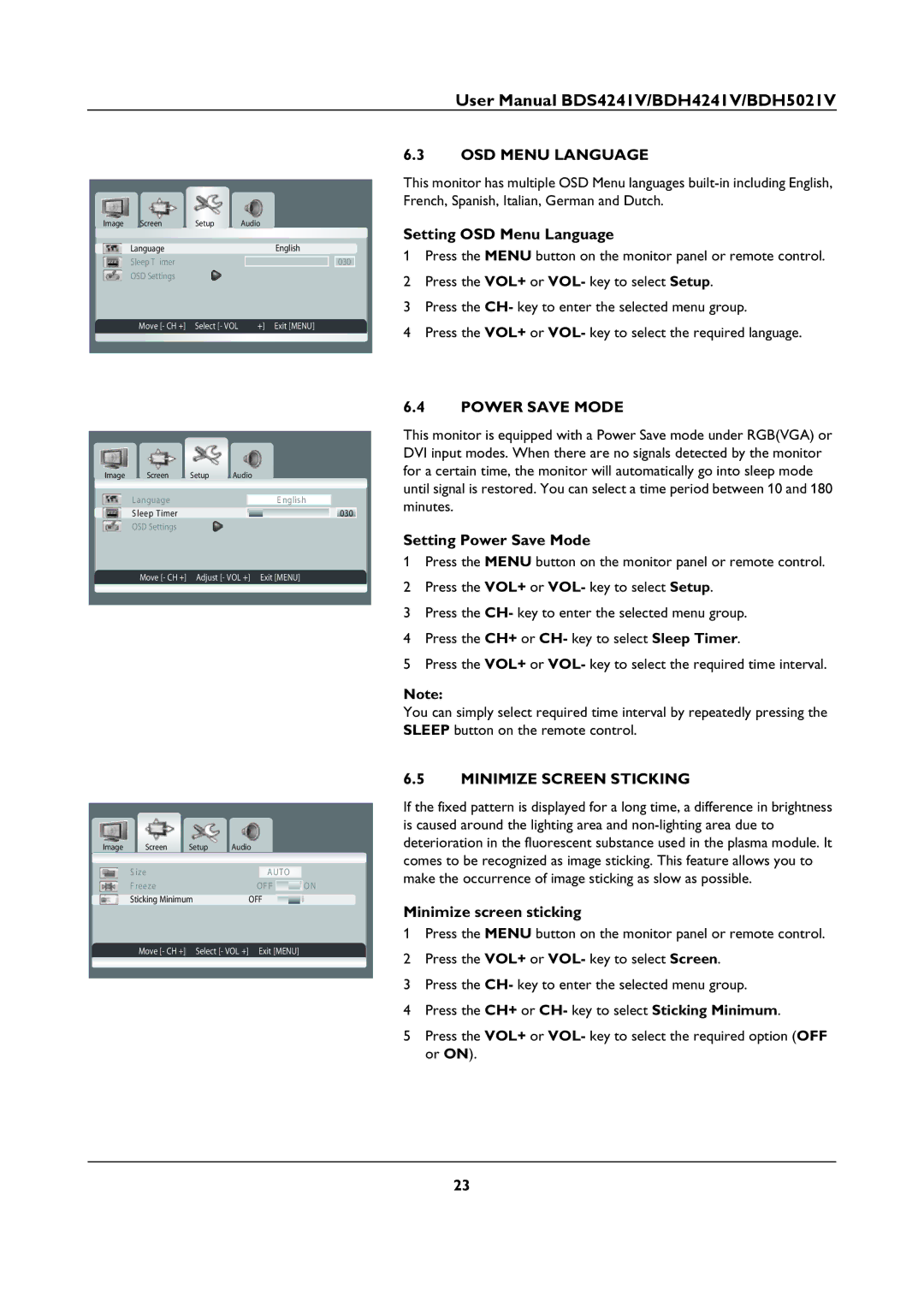 Philips BDS4241V, BDH5021V user manual OSD Menu Language, Power Save Mode, Minimize Screen Sticking 