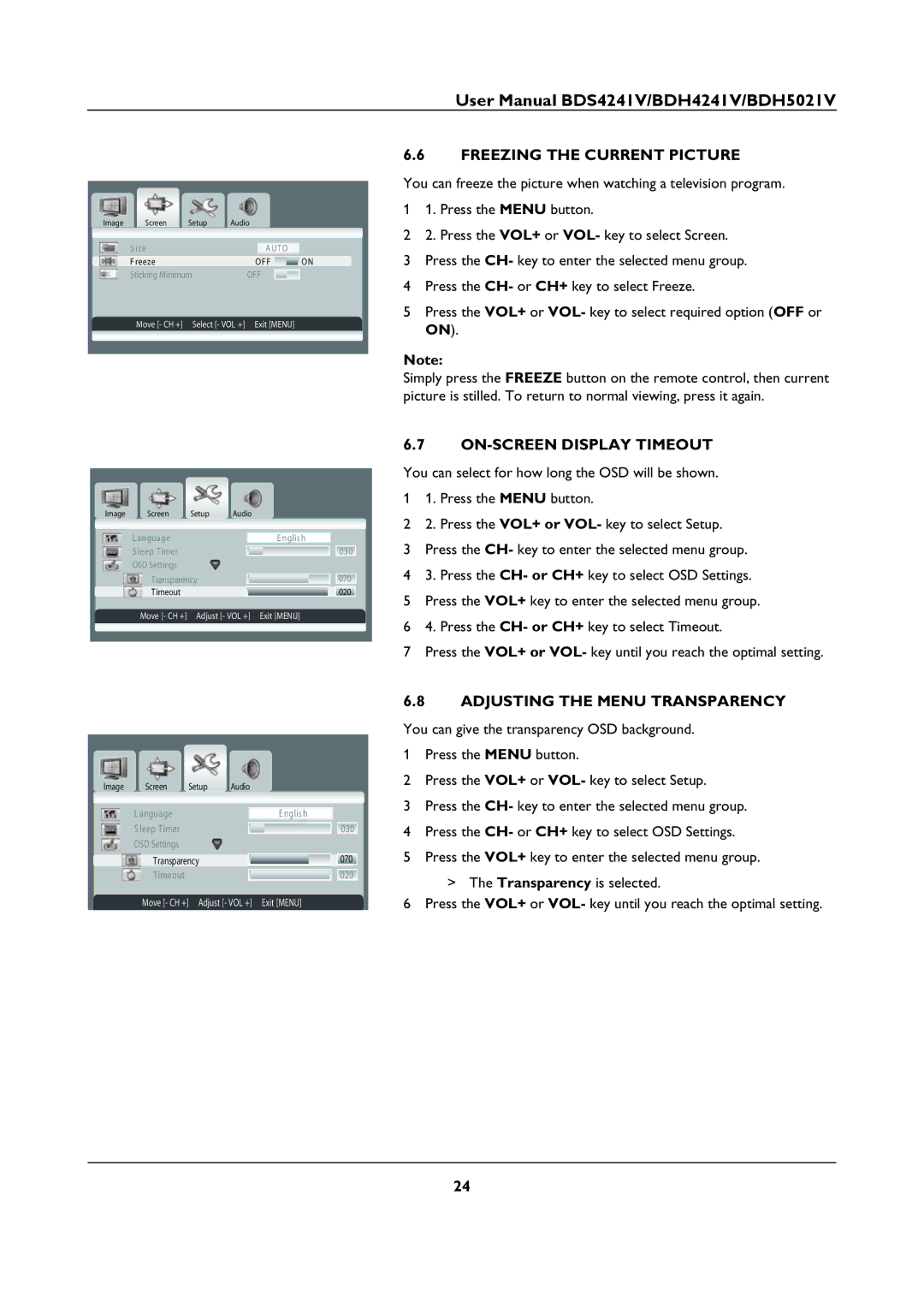 Philips BDH5021V, BDS4241V Freezing the Current Picture, ON-SCREEN Display Timeout, Adjusting the Menu Transparency 