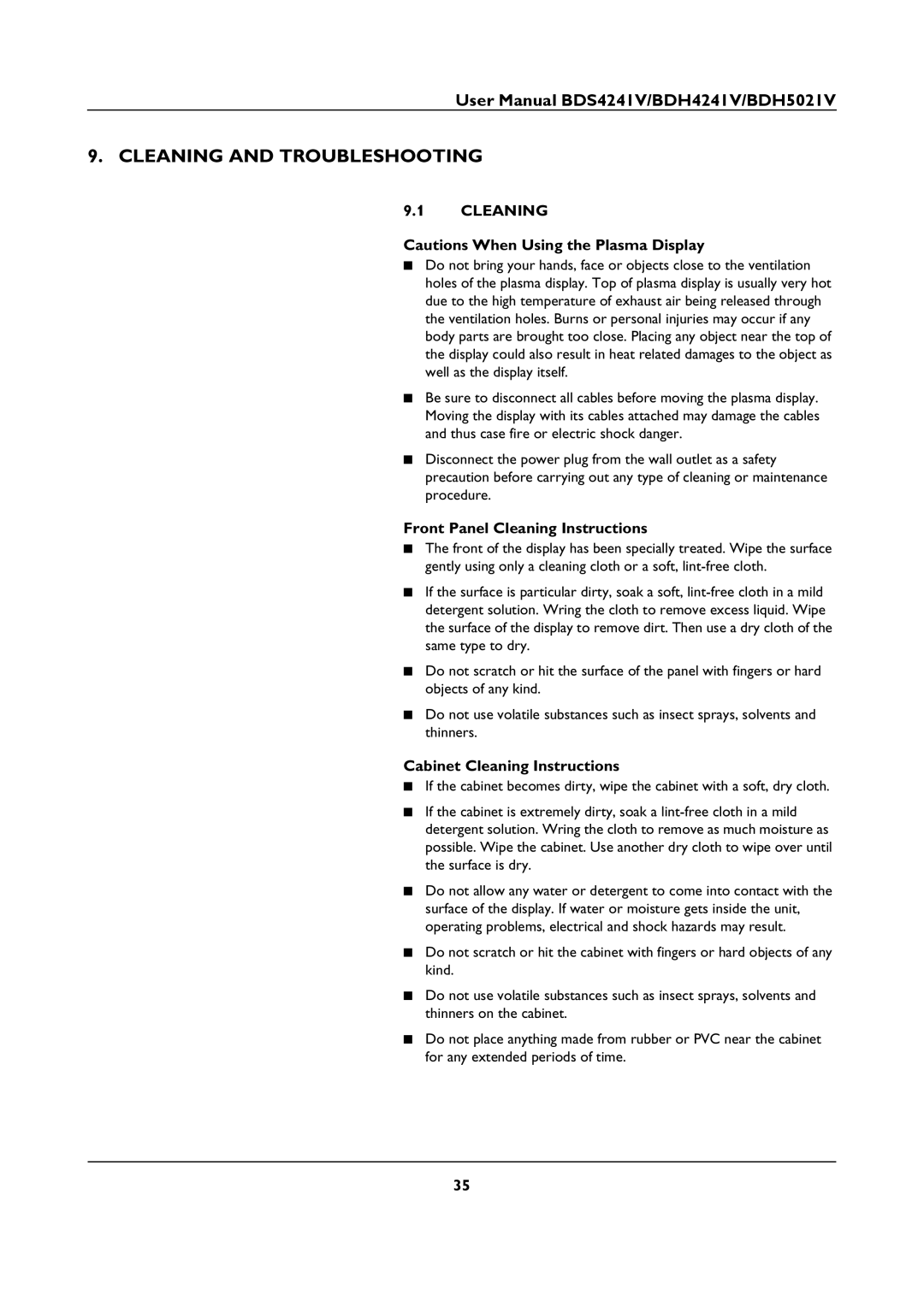 Philips BDS4241V, BDH5021V Cleaning and Troubleshooting, Front Panel Cleaning Instructions, Cabinet Cleaning Instructions 