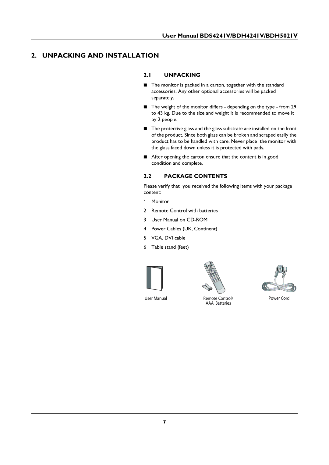 Philips BDS4241V, BDH5021V user manual Unpacking and Installation, Package Contents 