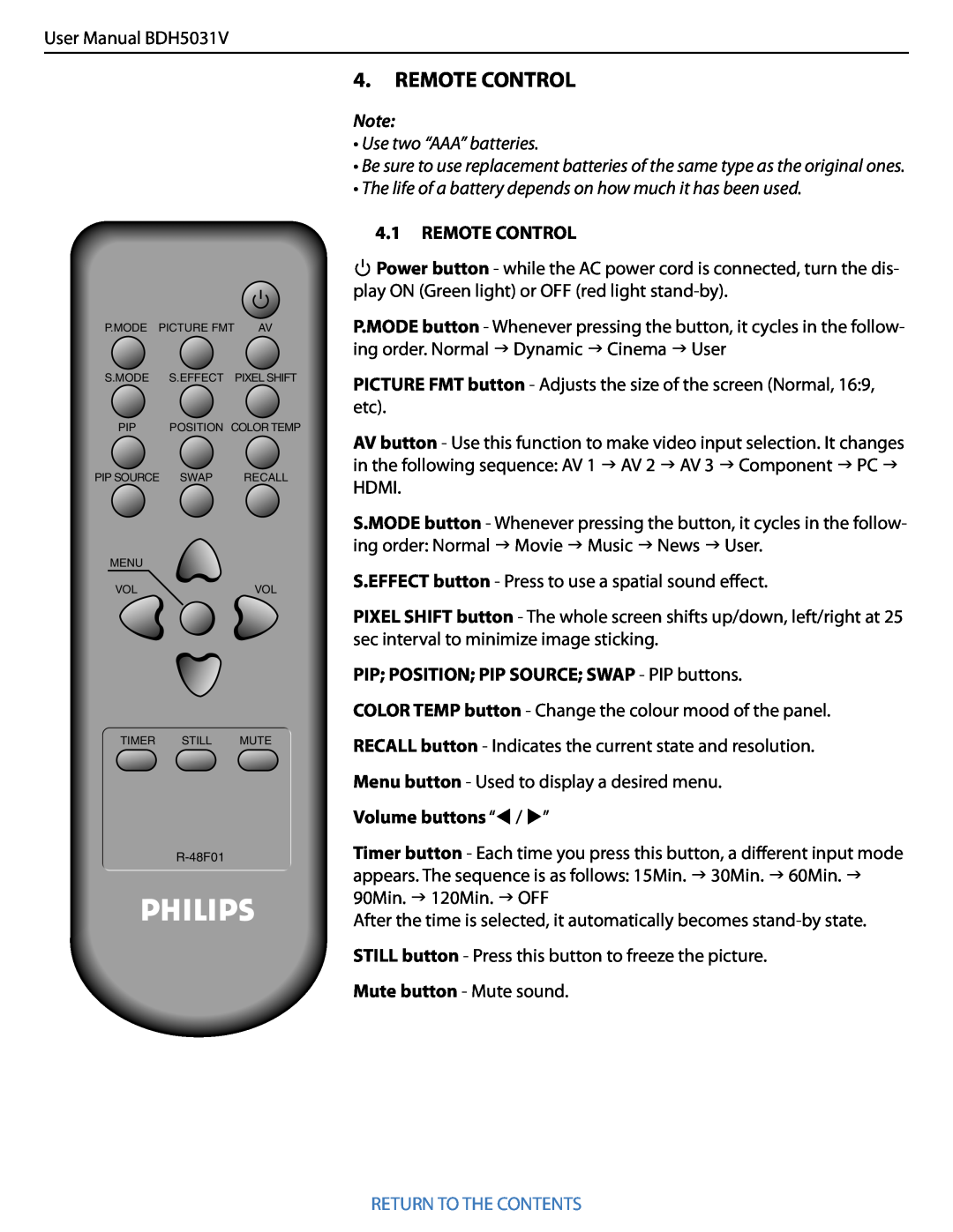 Philips BDH5031V.00 user manual Remote Control, PIP POSITION PIP SOURCE SWAP - PIP buttons, Volume buttons “ / ” 
