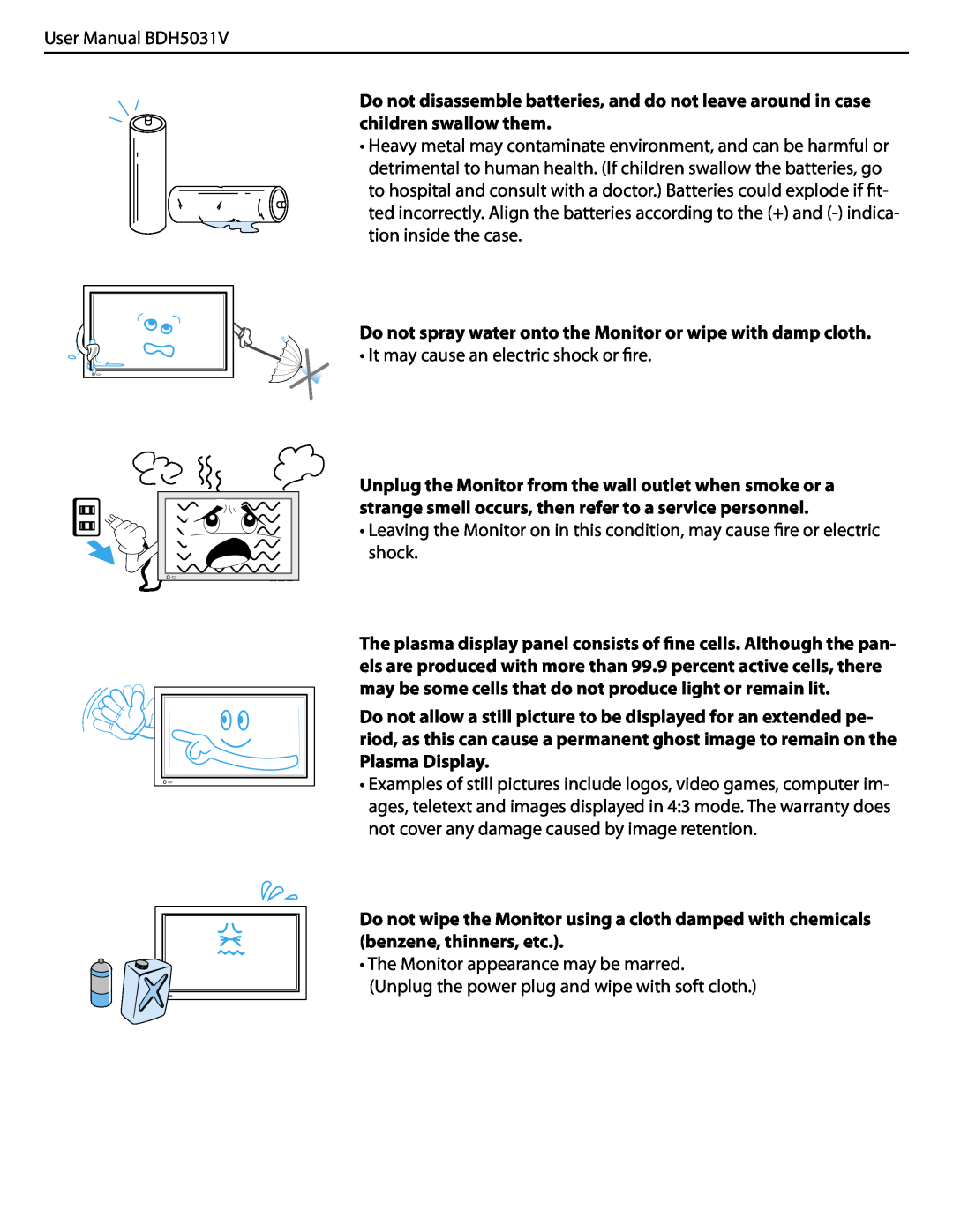 Philips BDH5031V.00 user manual Do not spray water onto the Monitor or wipe with damp cloth 