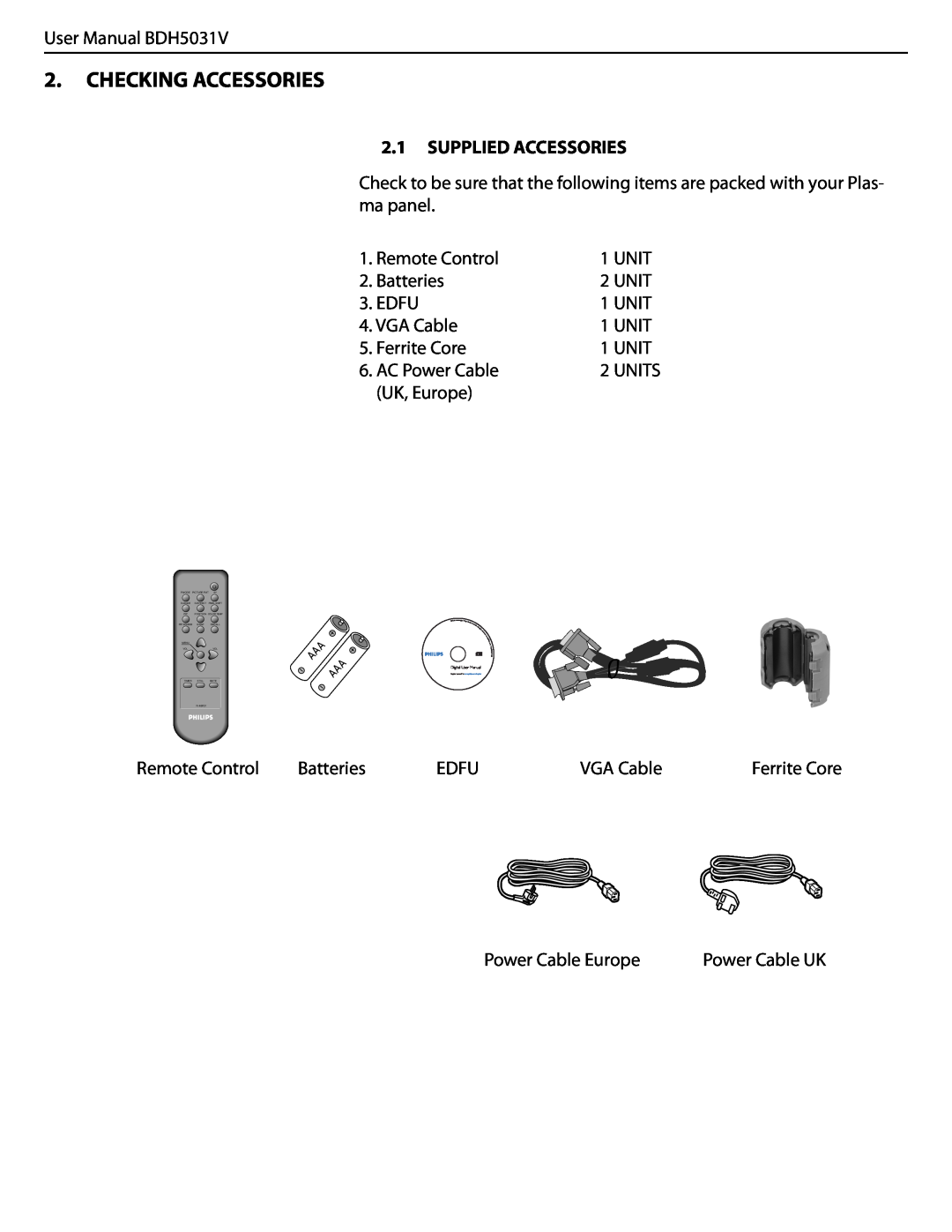 Philips BDH5031V.00 user manual Checking Accessories, Supplied Accessories 