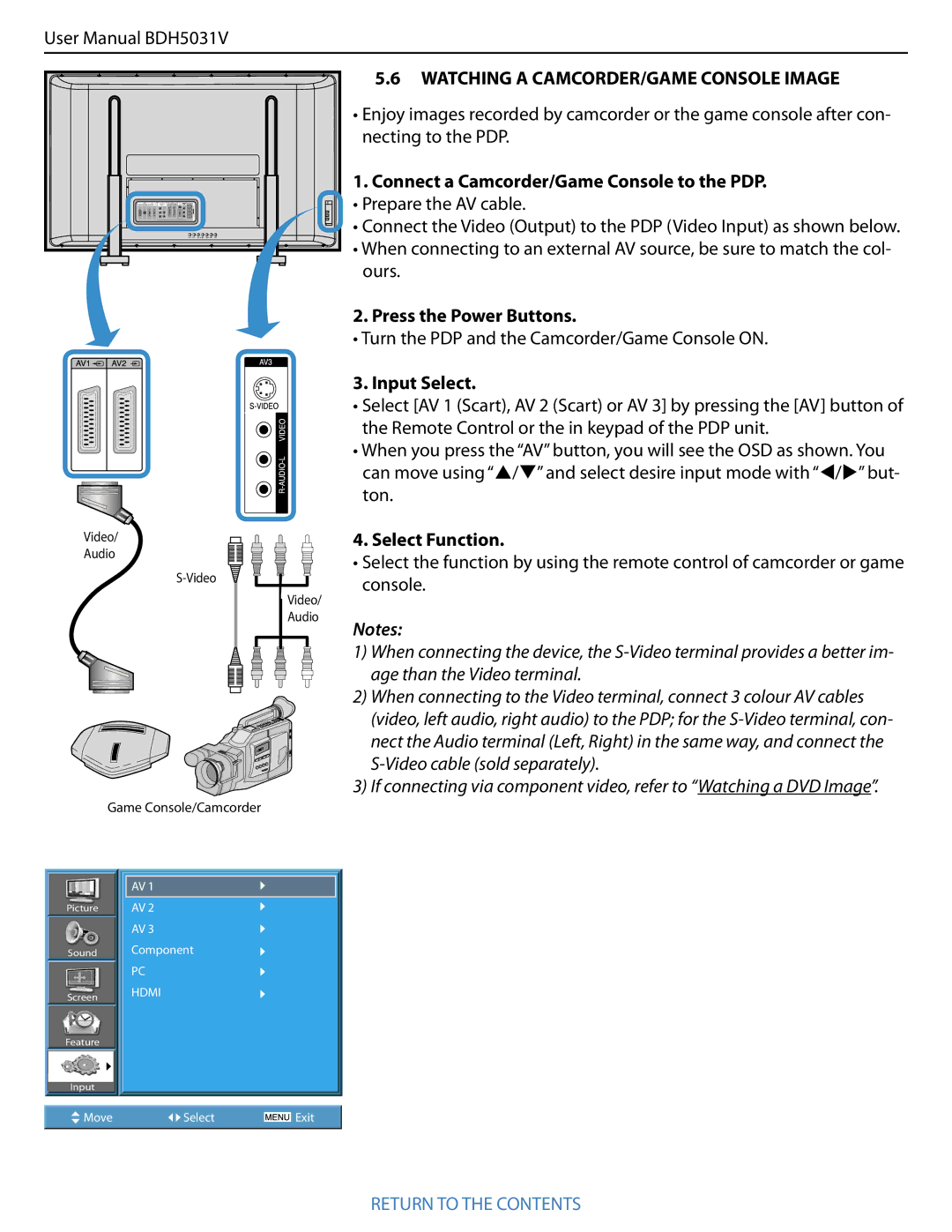 Philips BDH5031V.00 user manual Watching a CAMCORDER/GAME Console Image, Necting to the PDP, Select Function 