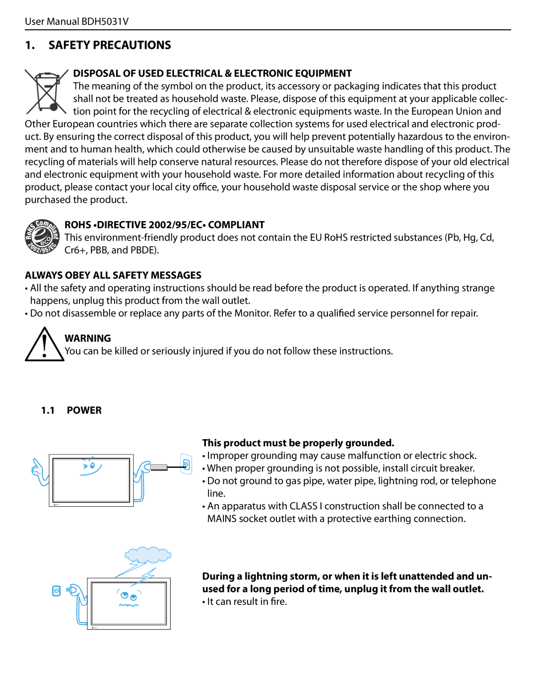 Philips BDH5031V.00 user manual Safety Precautions, Disposal of Used Electrical & Electronic Equipment, Power 