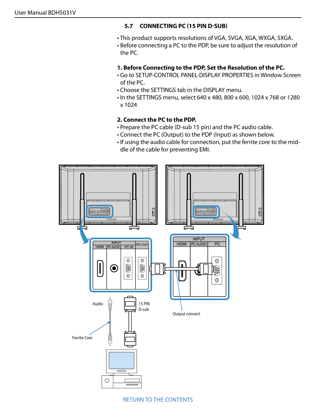 Philips BDH5031V.00 user manual Before Connecting to the PDP, Set the Resolution of the PC, Connect the PC to the PDP 