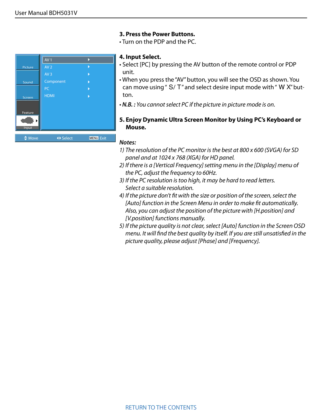 Philips BDH5031V.00 user manual Turn on the PDP and the PC, Input Select 