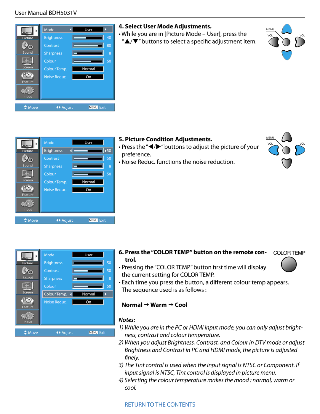 Philips BDH5031V.00 user manual Select User Mode Adjustments, Picture Condition Adjustments, Normal Warm  Cool 