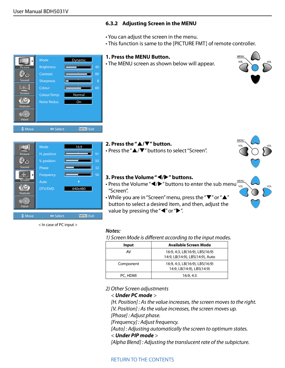 Philips BDH5031V.00 user manual Adjusting Screen in the Menu, Press the Menu Button, Press the / button.VOLVOL 