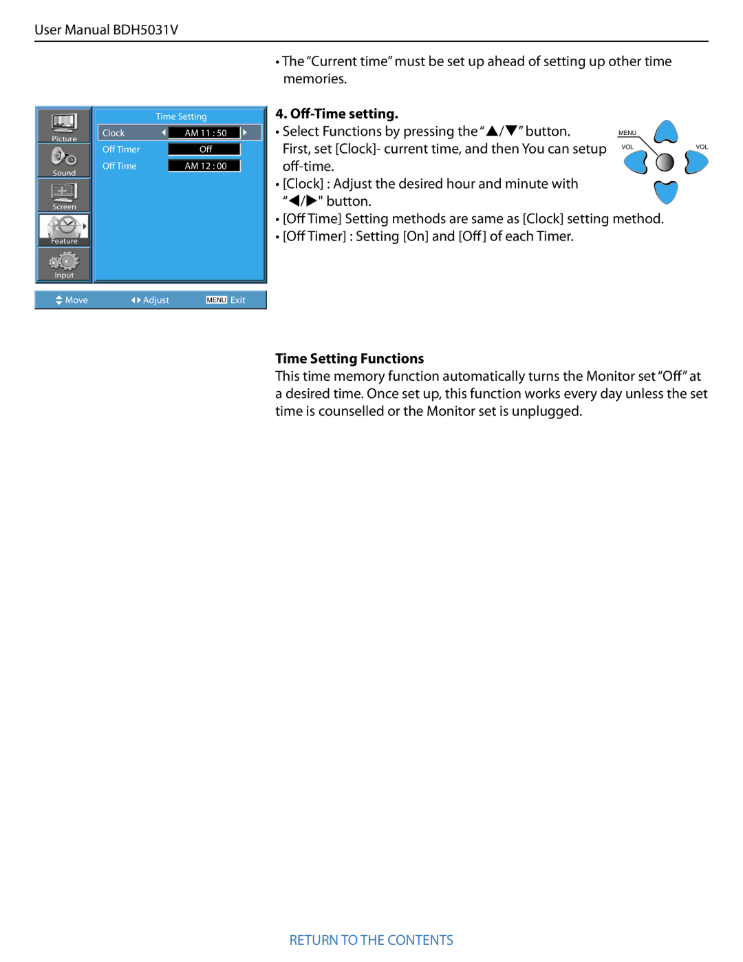 Philips BDH5031V.00 user manual Oﬀ-Time setting, Select Functions by pressing the / button, Time Setting Functions 