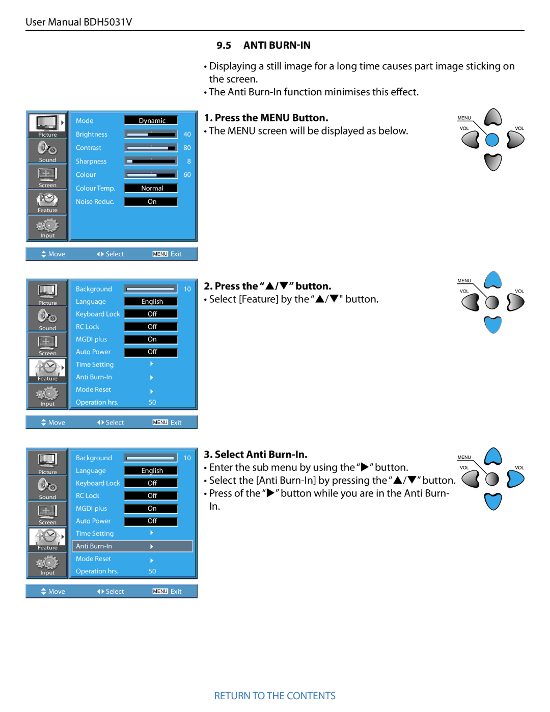 Philips BDH5031V.00 user manual Anti BURN-IN, 10 3. Select Anti Burn-In 