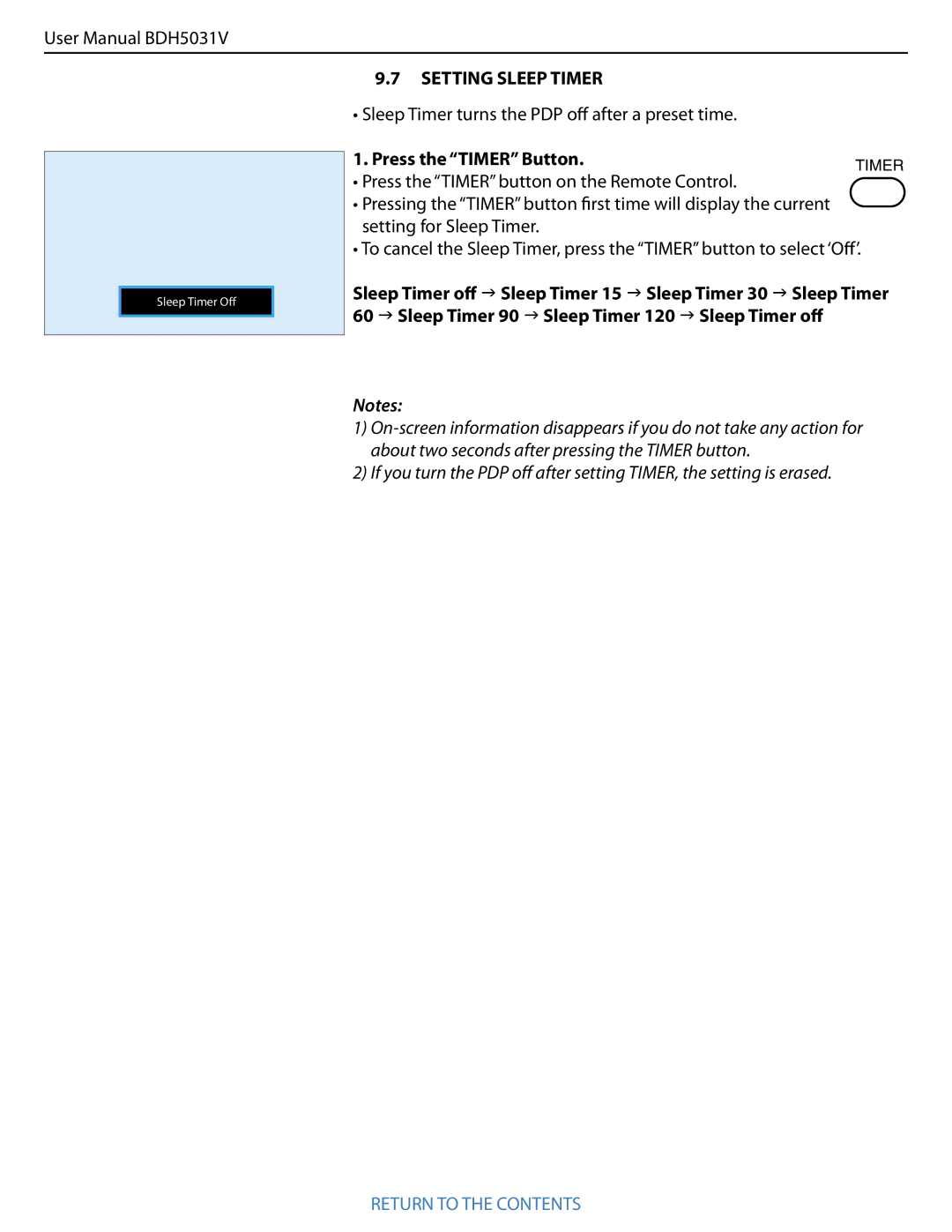 Philips BDH5031V.00 Setting Sleep Timer, Sleep Timer turns the PDP oﬀ after a preset time, Press the Timer Button 