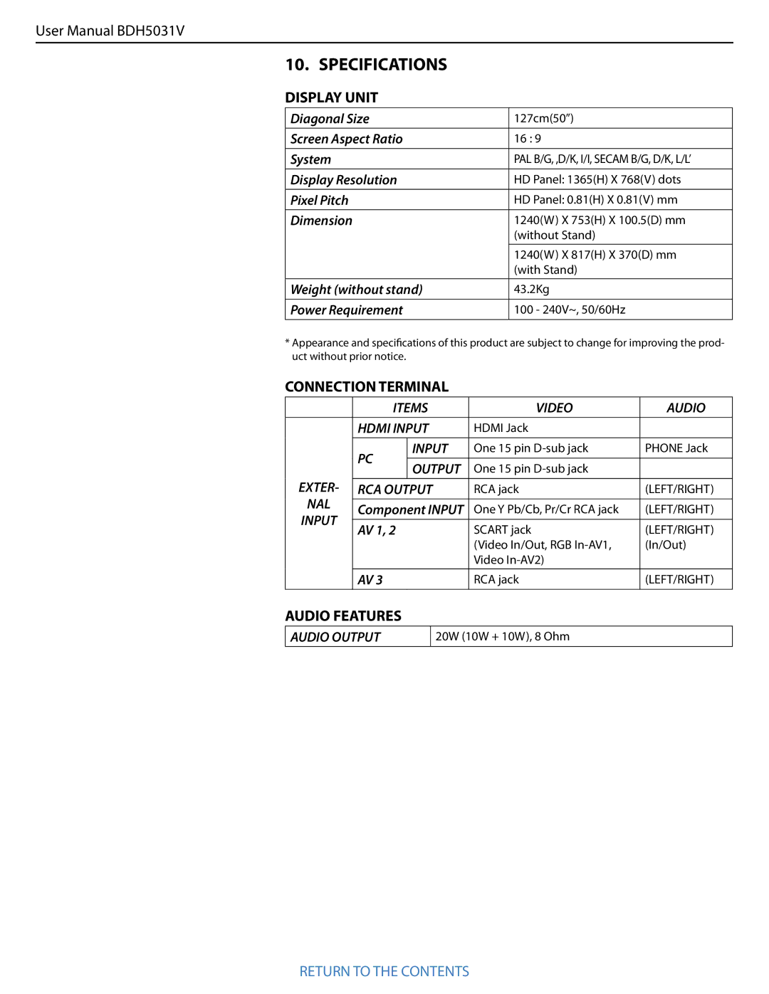 Philips BDH5031V.00 user manual Connection Terminal, Audio Features 