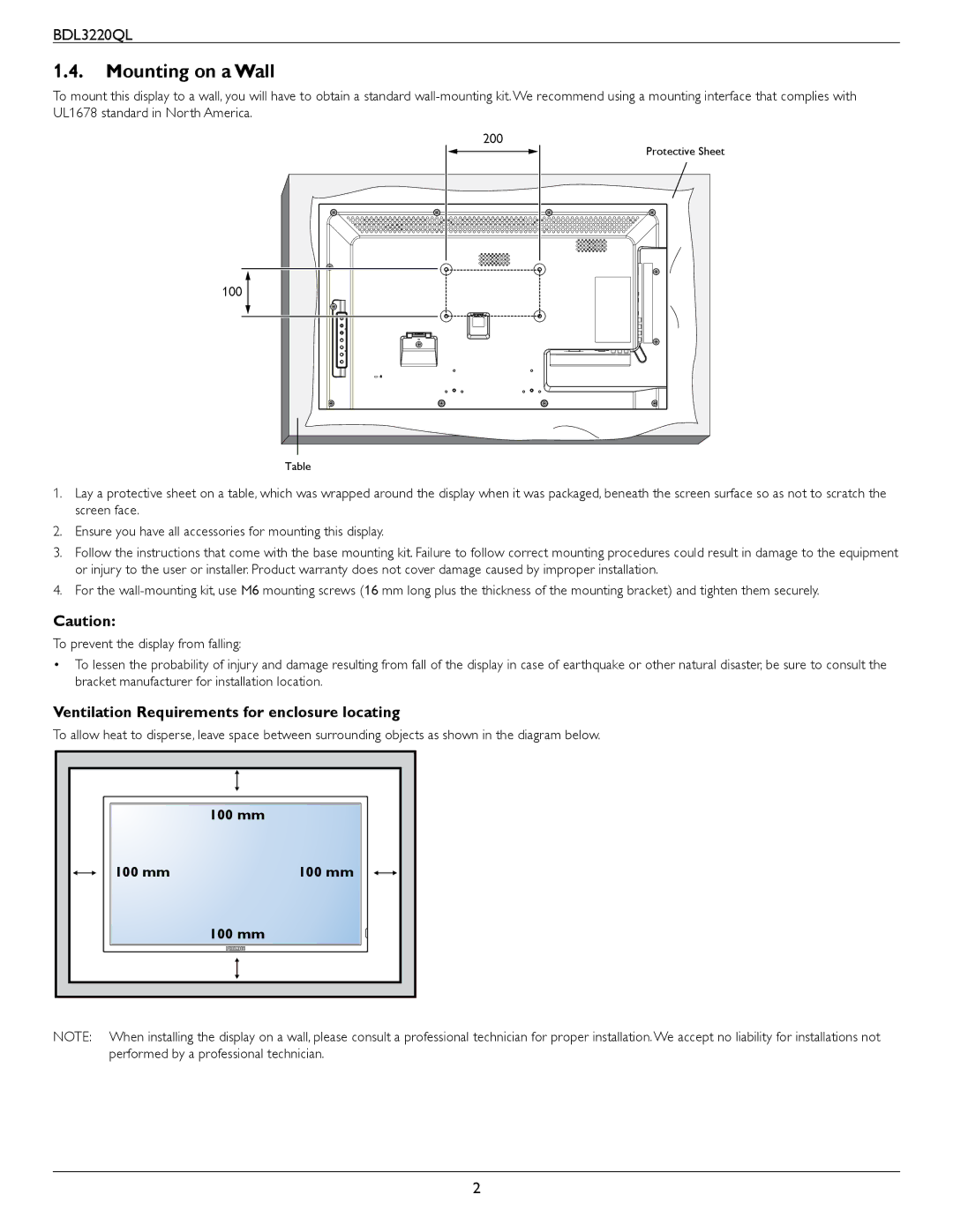 Philips BDL3220QL user manual Mounting on a Wall, Ventilation Requirements for enclosure locating 