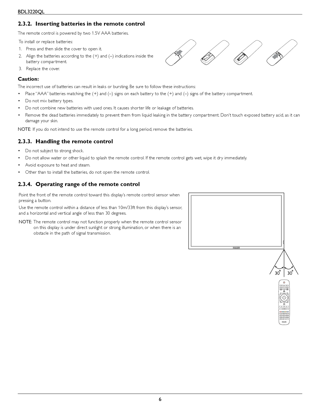 Philips BDL3220QL user manual Inserting batteries in the remote control, Handling the remote control 