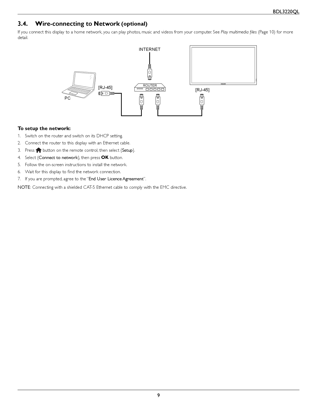 Philips BDL3220QL user manual Wire-connecting to Network optional, To setup the network 