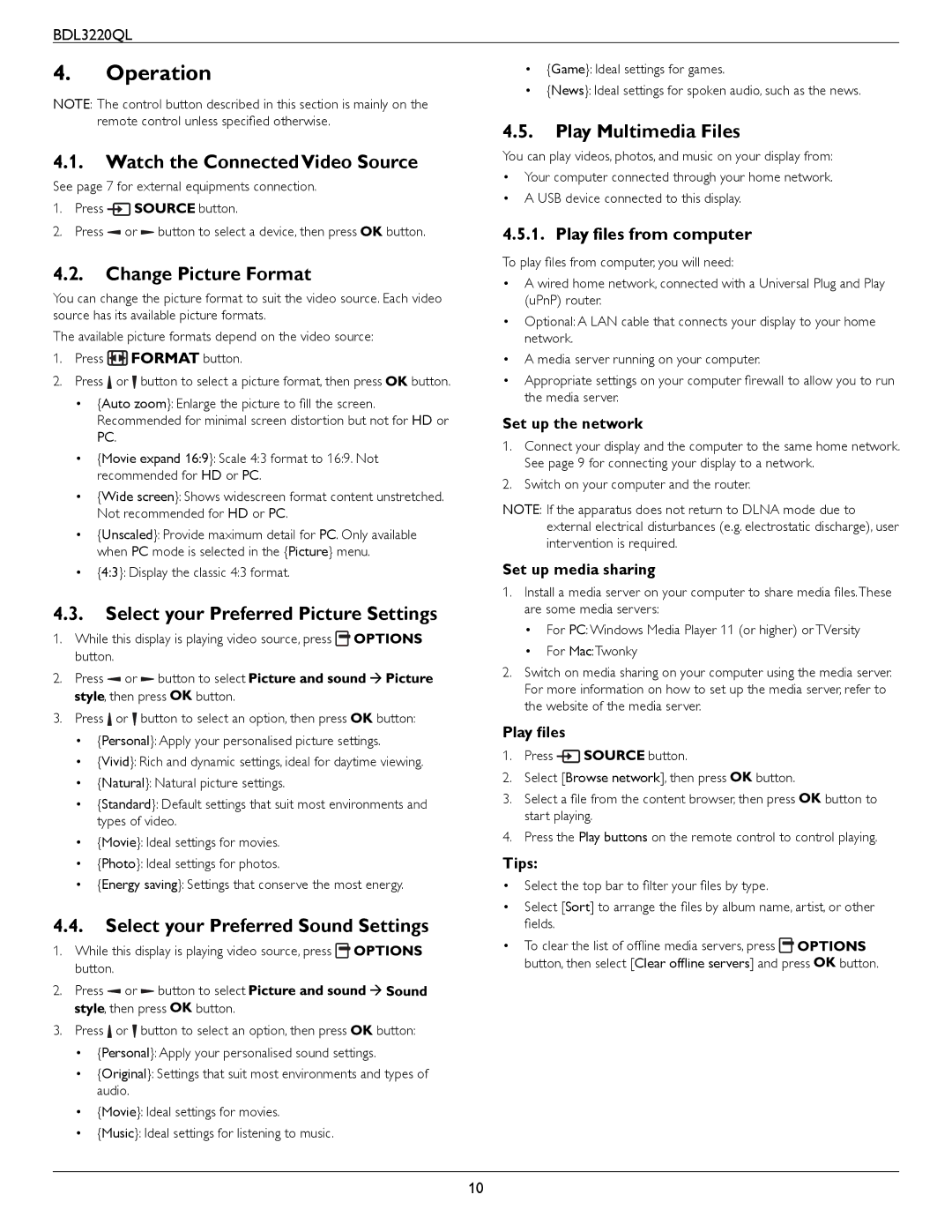 Philips BDL3220QL user manual Operation 