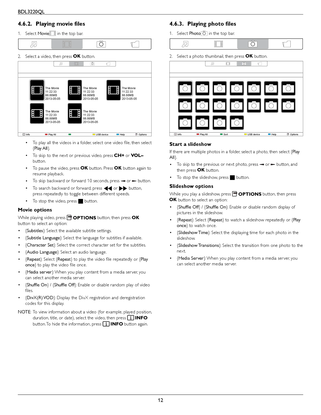 Philips BDL3220QL user manual Playing movie files, Playing photo files, Movie options, Start a slideshow, Slideshow options 