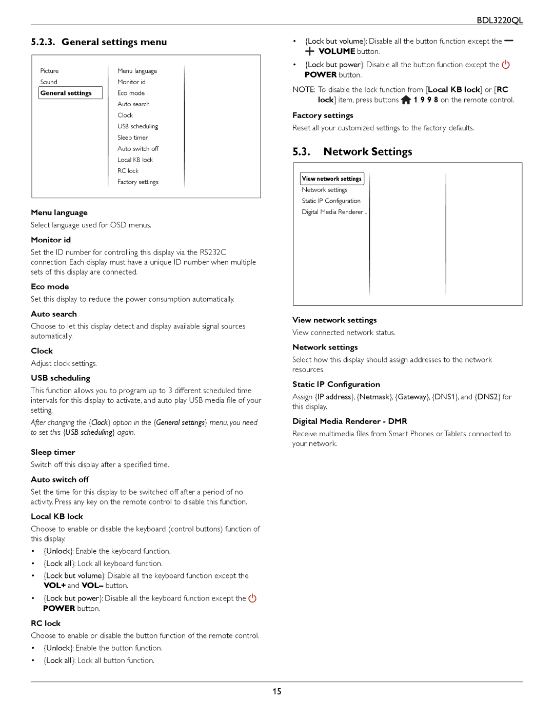 Philips BDL3220QL user manual Network Settings, General settings menu 