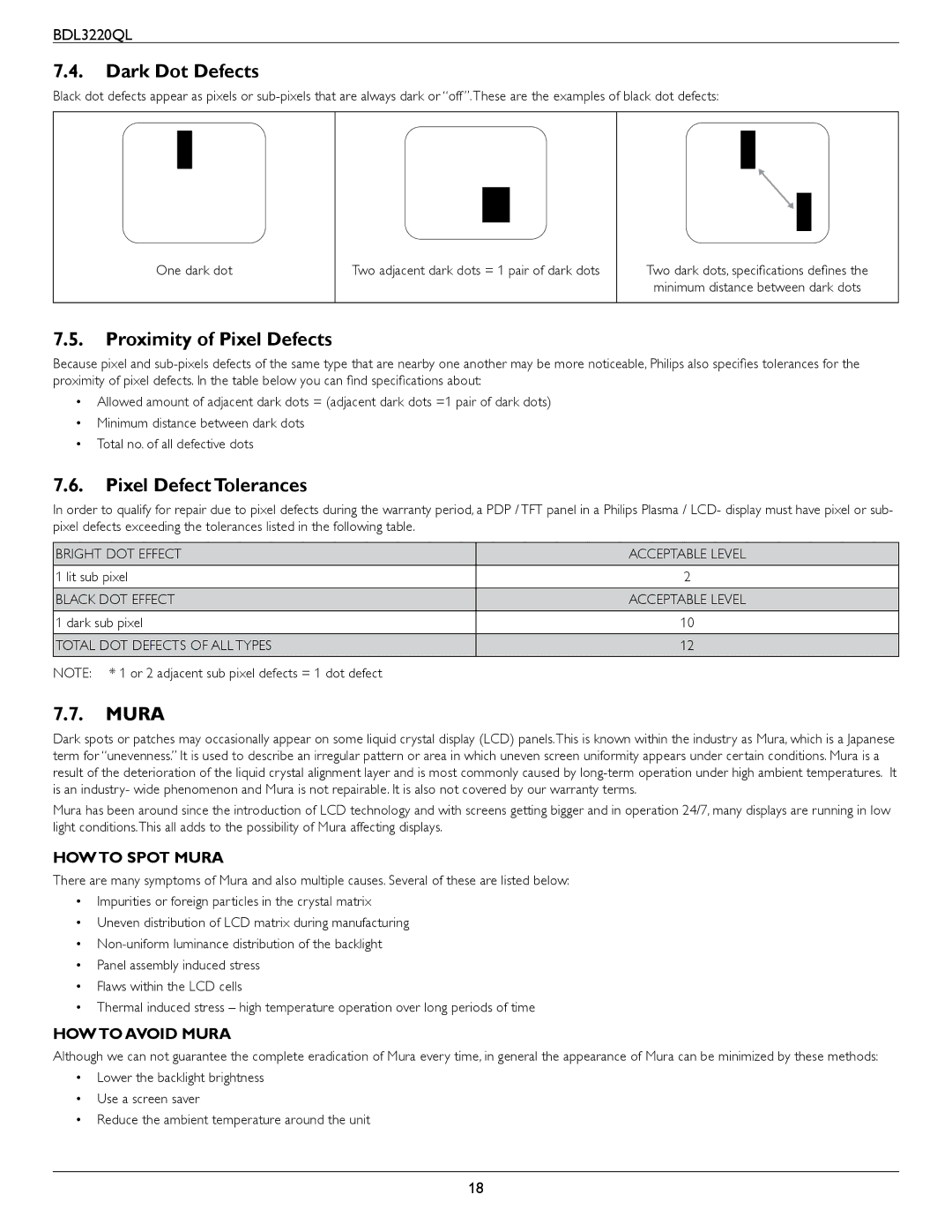 Philips BDL3220QL user manual Dark Dot Defects, Proximity of Pixel Defects, Pixel Defect Tolerances, Mura 