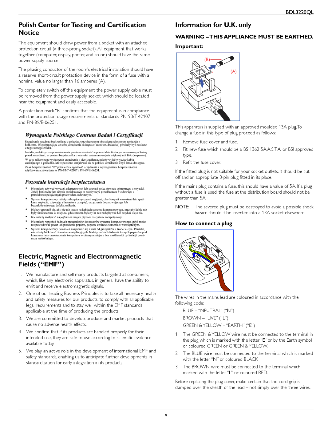 Philips BDL3220QL Polish Center for Testing and Certification Notice, Information for U.K. only, How to connect a plug 